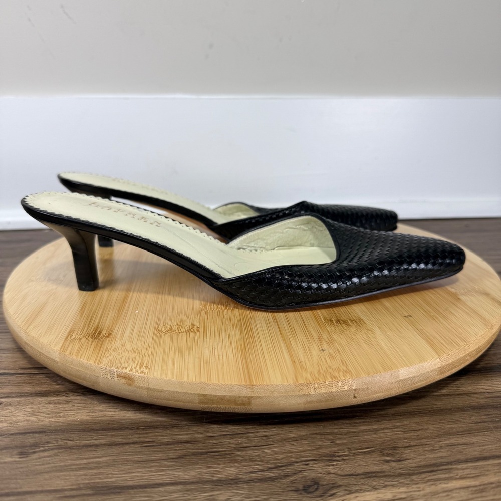 Lauren Ralph Lauren Woven Leather Mules Womens 9B Black Kitten Heel Quiet Luxury